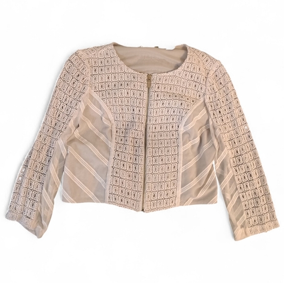 Crochet Lace Sheer Mesh Zip-Up Jacket White Ivory Boho Romantic Barely Worn - Picture 5 of 14